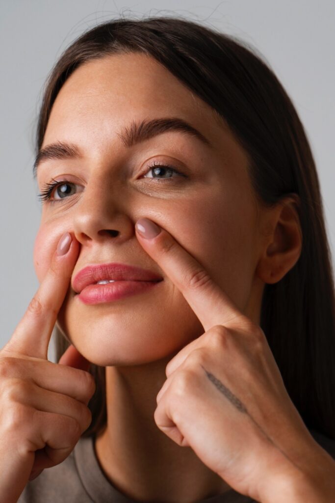 Frau zeigt auf ihre Mundwinkel, um die gezielte Botox-Behandlung zur Anhebung der Mundwinkel (Smile Lift) darzustellen.